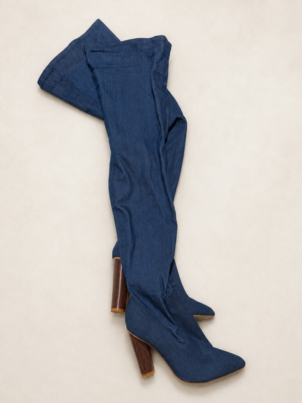 Blue Denim Over The Knee Block Heel Boots